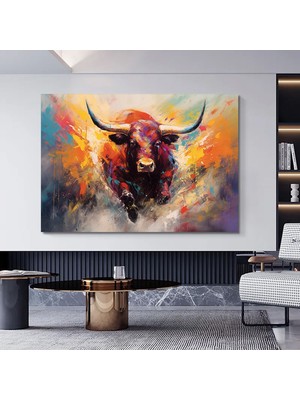 Boğa Tablosu, Renkli Boğa, Dağ Ineği, Soyut Hayvan Kanvası
