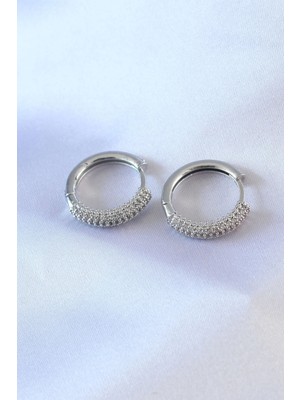 Gümüş Renk Zirkon Taşlı Halka Model Pirinç Kadın Küpe