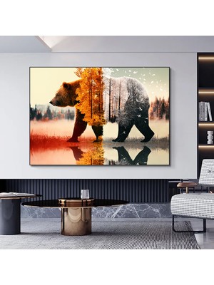 Ayı Temalı Kanvas Tablo, Ağaç ve Doğa Manzaralı, Asılmaya Hazır Modern Duvar Dekoru