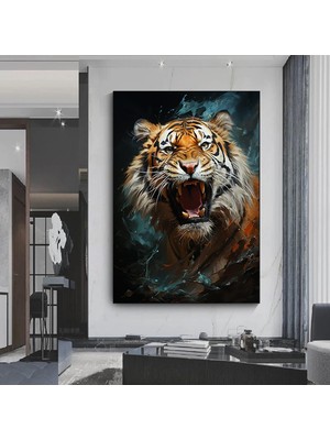 Vahşi Kaplan Kanvas Tablosu, Renkli Canlı Yağlıboya Tarzı, Bengal Kaplan Portresi