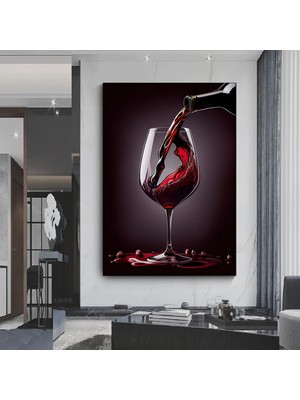 Kadehe Şarap Dökülen Kanvas Tablo, Şarap Duvar Sanatı, Yemek Odası Dekoru