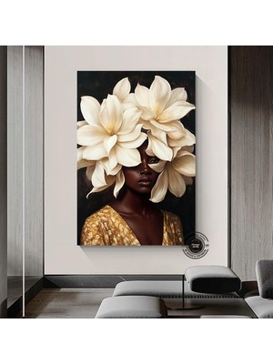 Çiçekli Siyah Kadın Başlı Duvar Sanatı, Afro-Amerikan Sanatı, Siyah Sanat, Siyahi Kız Baskısı