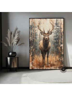 Geyik Kanvası, Geyik Portresi, Rustik Doğa Temalı Duvar Sanatı, Asılmaya Hazır