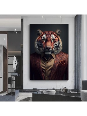 Kravatlı Kaplan Adam Kanvas Duvar Sanatı; Kaplan Kanvas Baskı