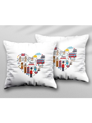 Ingiltere Londra Kalpli Tema Iki Adet Iki Tarafı Baskılı Yıkanabilir Yastık Kırlent Kılıfı