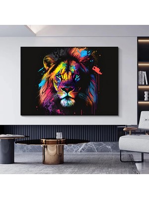 Pop Art Stilde Soyut Aslan Baskısı, Çok Renkli Aslan Tablosu