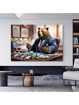 Zengin Kedi Temalı Mizahi Tablo, Sevimli Ayı, Lüks Yaşam Temalı Duvar Dekoru