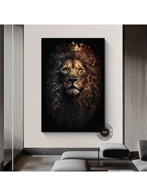 Aslan Kral Duvar Sanatı; Siyah-Altın Soyut Aslan Tablosu; Dev Boy Kanvas; Oyun Odası Dekoru; Asmaya