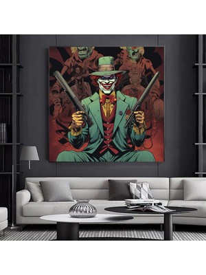 Silahlı Palyaço Kanvas Tablo – Üç Parçalı Takım Elbiseli Korku Sanatı