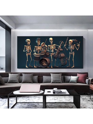 Iskelet Müzisyen Kanvas; Davul, Saksafon ve Keman Temalı Duvar Dekoru