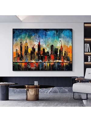 Renkli Şehir Manzaralı Kanvas Tablo – Modern Soyut Şehir Sanatı Duvar Dekoru