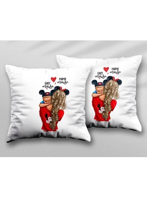 Kişiye Özel Anne Bebek Mickey Mouse Iki Adet Iki Tarafı Baskılı Yıkanabilir Yastık Kırlent Kılıfı