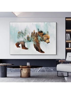 Karla Yürüyen Ayı Kanvas Duvar Sanatı – Ağaç Manzaralı Tablo; Kahverengi Ayı Baskısı; Asmaya Hazır