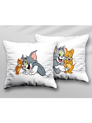Sevimli Tom ve Jerry Iki Adet Iki Tarafı Baskılı Yıkanabilir Yastık Kırlent Kılıfı