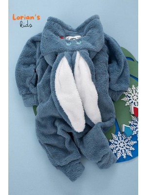 Welsoft Lacivert Tavşan Unisex Yumuşak Peluş Fermuarlı Bebek Tulumu - 6 Yaş