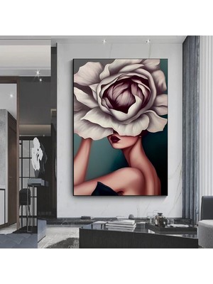 Çiçek Kadın Duvar Sanatı; Gül Başlı Kadın Baskısı; Moda Sanatı; Asmaya Hazır