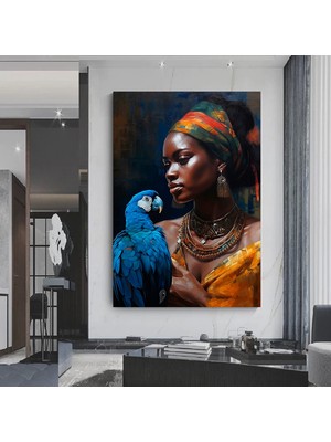 Afrikalı Kadın ve Papağan Kanvas Tablosu, Doku Verilmiş Kanvas Baskı, Etnik Kadın Duvar Sanatı