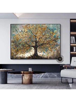 Mavi ve Altın Yapraklı Ağaç Tablosu, Lüks Botanik Duvar Sanatı, Ev Için Zarif Kanvas Dekoru
