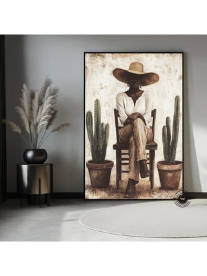 Minimal Afrikalı Kadın Portresi | Modern Kaktüs Sanatı | Siyah Duvar Dekoru | Boho Afro Kanvas