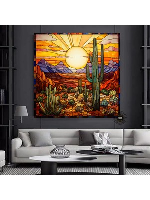 Saguaro Kaktüs Kanvas Tablosu, Vitray Tarzı Sonoran Arizona Çöl Resmi, Güneybatı Sanatı