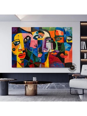 Modern Geometrik Duvar Sanatı Baskısı; Renkli Yüzler Duvar Sanatı; Kübizm; Renkli Soyut Kanvas; Çağd
