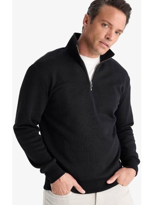Defacto Dik Yaka Yarım Fermuarlı Içi Yumuşak Tüylü Basic Siyah Erkek Sweatshirt X7405AZ/BK81