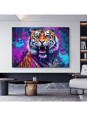 Soyut Graffiti Kaplan Kanvas Tablosu; Modern Hayvan Sokak Sanatı; Renkli Poster