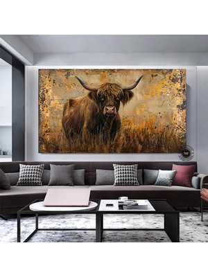 Çayırda Highland Ineği Kanvas Baskı; Koyu Kahverengi Çiftlik Tarzı Duvar Sanatı; Iskoç Sığırları; Ru