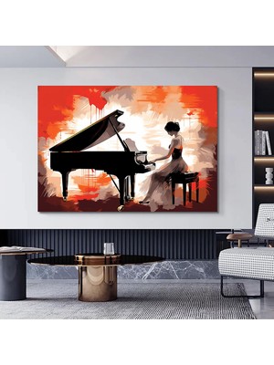 Piyano Çalan Kadın Kanvası, Renkli Müzik Temalı Ev Dekoru