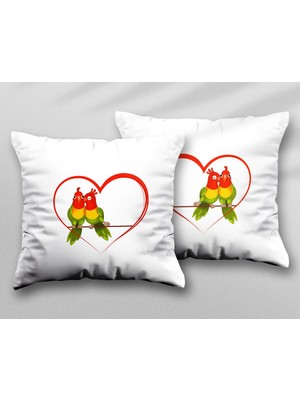 Love Birds Sevgililer Günü Iki Adet Iki Tarafı Baskılı Yıkanabilir Yastık Kırlent Kılıfı