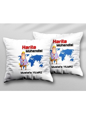Kişiye Özel Harita Mühendisi Kask Iki Adet Iki Tarafı Baskılı Yıkanabilir Yastık Kırlent Kılıfı
