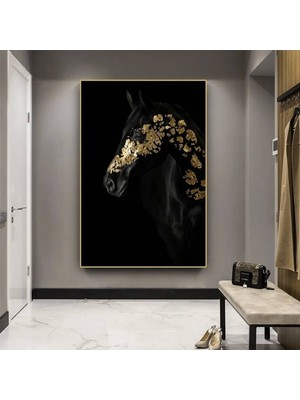 Büyük Baskı ve Poster Hayvan Kanvas Tablosu, Siyah ve Altın At Posteri, Lüks Oda Dekoru