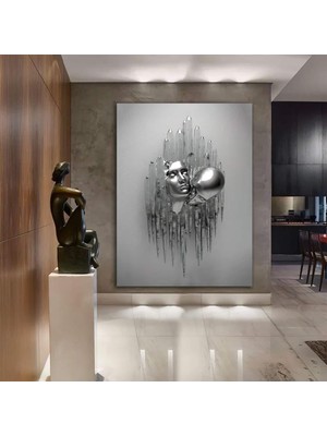 Aşık Çiftler Kanvas Tablosu, 3D Işlemeli Öpüşen Çiftler, Yatak Odası Kanvas Tablosu