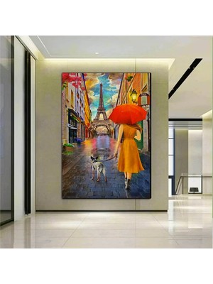 Kırmızı Şemsiye Çift Duvar Sanatı – Eyfel Kulesi ve Kırmızı Şemsiye Kanvas; Modern Minimalist Dekor;