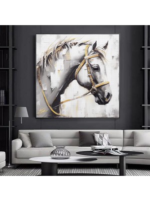 Geometrik Soyut Kanvas Yağlı Boya; Altın Nakışlı At; Hayvan Duvar Baskısı; Soyut Duvar Sanatı