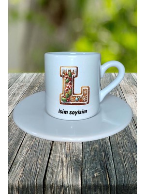 L Harfi Kurabiye Noel Yeniyıl Isimli Baskılı Türk Kahvesi Fincanı Kişiye Özel Model 14