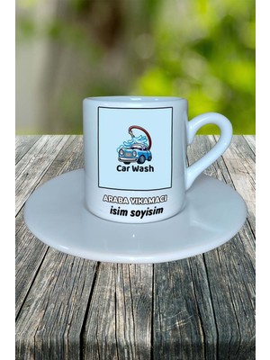 Araba Yıkamacı Meslek Baskılı Türk Kahvesi Fincanı Tabaklı Kişiye Özel Model 6