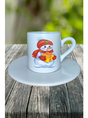 Yılbaşı  Kardan Adam Baskılı Türk Kahvesi Fincanı Kişiye Özel Model 11