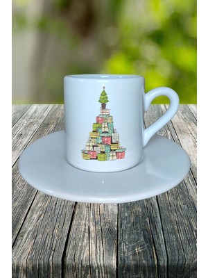 Yılbaşı  Yıl Başı Noel Ağacı  Baskılı Türk Kahvesi Fincanı Kişiye Özel Model 7