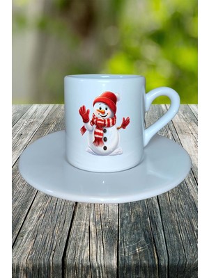 Yılbaşı  Kardan Adam Baskılı Türk Kahvesi Fincanı Kişiye Özel Model 6