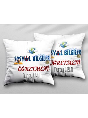 Kişiye Özel Sosyal Bilgiler Öğretmeni Iki Adet Iki Tarafı Baskılı Yıkanabilir Yastık Kırlent Kılıfı