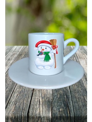 Yılbaşı  Kardan Adam Baskılı Türk Kahvesi Fincanı Kişiye Özel Model 9