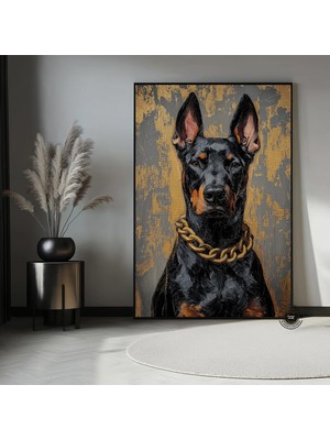Altın Zincirli Doberman Yağlıboya Portresi, Lüks Tarz Kanvas Sanat