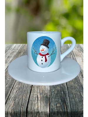 Yılbaşı  Kardan Adam Baskılı Türk Kahvesi Fincanı Kişiye Özel Model 3