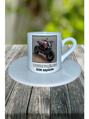 Motor Tamircisi Meslek Baskılı Türk Kahvesi Fincanı Tabaklı Kişiye Özel Model 6