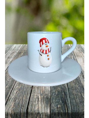 Yılbaşı  Kardan Adam Baskılı Türk Kahvesi Fincanı Kişiye Özel Model 14