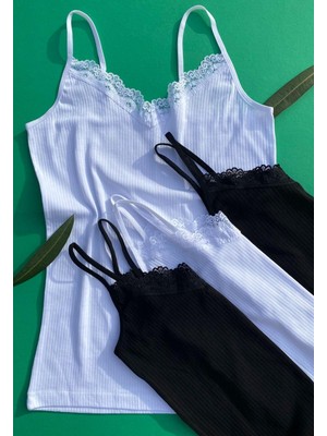 Ahmio Dantelli 4’lü Ip Askılı Pamuklu Fitilli Likralı Kadın Atlet (BEYAZ-SIYAH)64F21