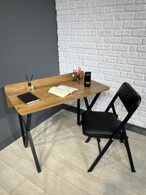 Buse Çalışma Masası Ofis Bilgisayar Masası + Katlanır Sandalyeli 103 cm Metal Siyah Ayak