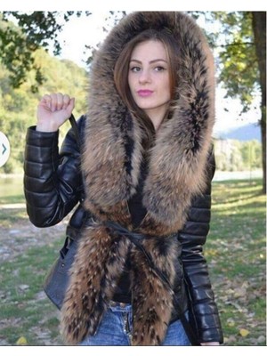 Hakiki Deri Siyah Kürklü Işlemeli Venetta Kadın Deri Mont