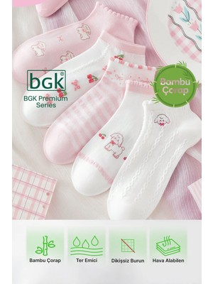 5 Çift Bambu Pembe Desenli Kadın Patik Çorap (Dikişsiz) Premium
